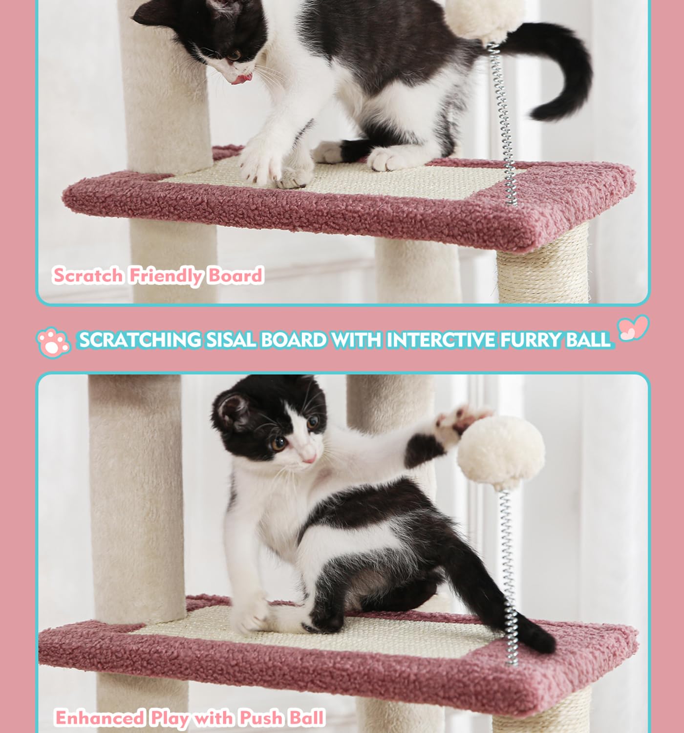 Made4Pets Pink Cat Tree, Carpet Cat Tower Grey For Indoors Cats, Cute Wood Kitty Condo With Scratching Post And Pad, 29'' Multi-